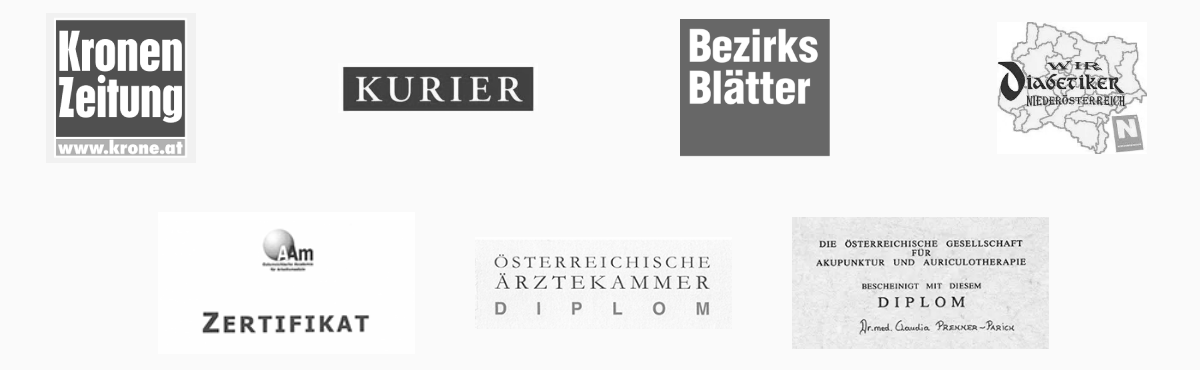 Bekannt aus Kronen Zeitung, Kurier, Bezirksblätter, Wir Diabetiker Niederösterreich; Zertifikat Arbeitsmedizin, Diplom der Österreichischen Ärztekammer, Akupunktur-Diplom